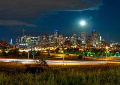 Denver Skyline at Night & Elitch Gardens Fireworks