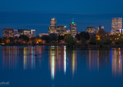 Denver Skyline Reflecting on Sloan's Lake Blue Twilight