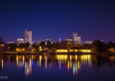 Denver Skyline Reflecting on City Park Lake at Night