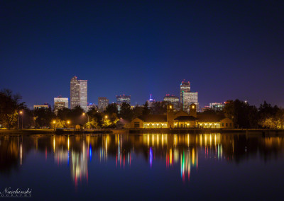 Denver Skyline Reflecting on City Park Lake at Night Blue Hour