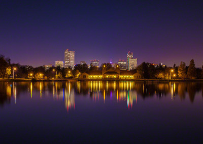 Denver Skyline City Park Lake Purple Reflections Wide Panorama