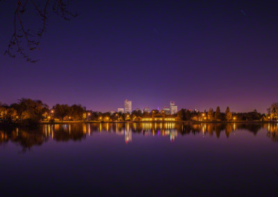 Denver Skyline City Park Lake Purple Reflection Purple Glow Wide Panorama