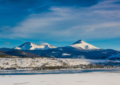 Panoramic Photo of Lake Dillon Partially Frozen with Swan Mountain in Background