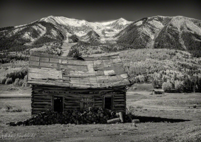 Close Up of Old Log Cabin in Crested Butte Colorado B&W