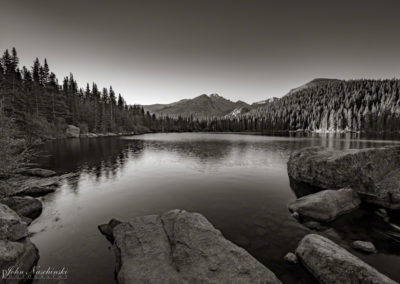 Bear Lake Rocky Mountain National Park and Longs Peak B&W