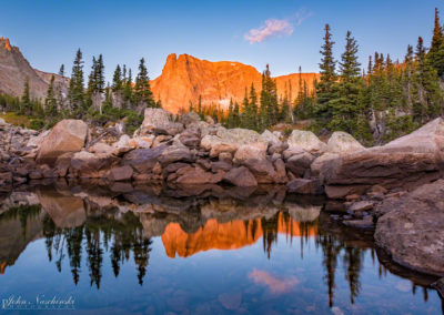 Alpenglow Notchtop Mountain Reflection upon Marigold Pond RMNP Photo 01