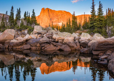 Alpenglow Notchtop Mountain Reflection upon Marigold Pond RMNP Photo 02