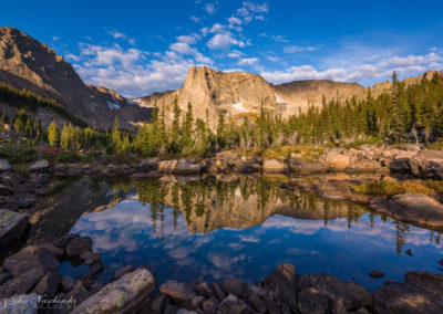 Notchtop Mountain and Marigold Pond White Clouds Blue Skies Photo 08