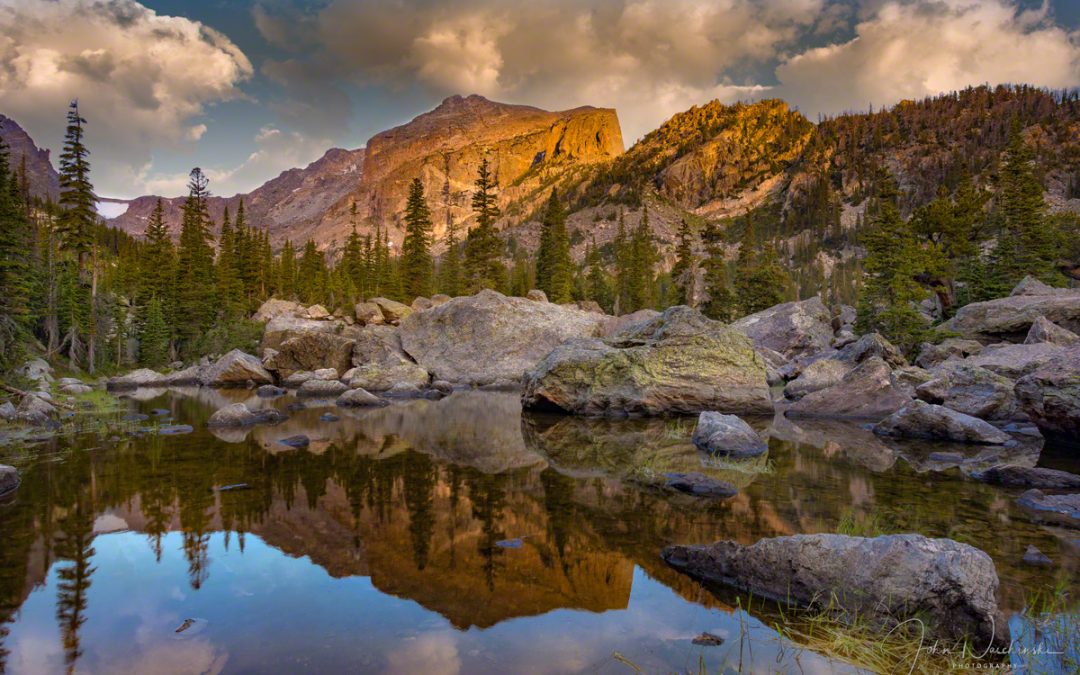 First Light Hallett Peak Lake Haiyaha Colorado Rocky Mountain National Park