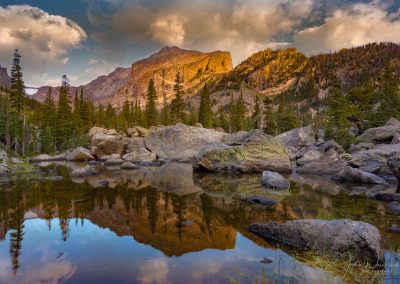 First Light Hallett Peak Lake Haiyaha Colorado Rocky Mountain National Park