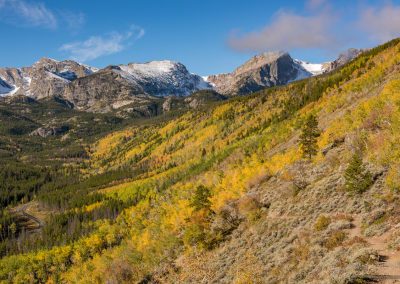 Snow Covered Hallet Peak and Bierstadt Moraine Fall Colors