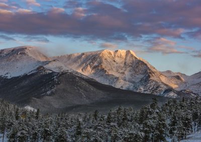 Pink Clouds & Blue Sky Snow Capped Ypsilon Mountain in the Mummy Range