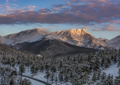 Pink Clouds and Blue Sky over Wintery Ypsilon Mountain in the Mummy Range