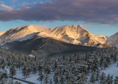 Jeep on the road below Pink Clouds Blue Sky Panorama of Snow Capped Ypsilon Mountain in the Mummy Range