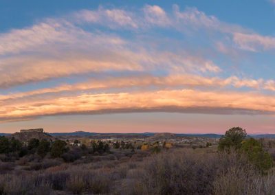 Very Wide Panoramic Photo of Blue Sky and Pink Clouds over Castle Rock CO