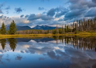 Panorama of Mt Baker Early Morning Reflection on Beaver Ponds, Rocky Mountain National Park
