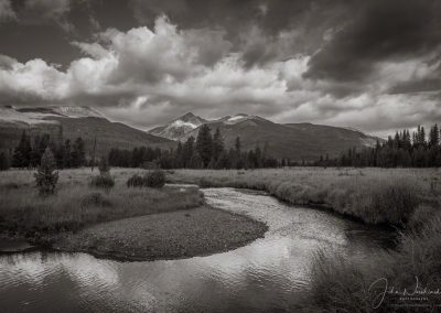 Dramatic Black and White Photo B&W Colorado River in Kawuneeche Valley,Rocky Mountain National Park, Colorado