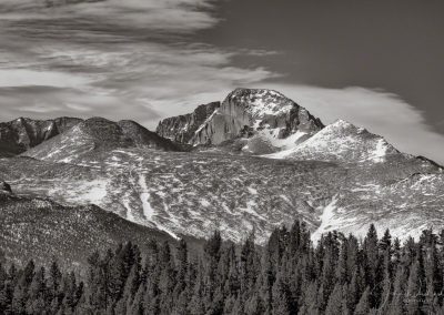 Close Up B&W Photo of Longs Peak from Upper Beaver Meadows RMNP