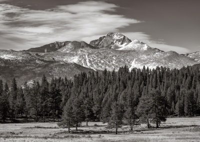 B&W Photo of Snow Capped Longs Peak from Upper Beaver Meadows RMNP