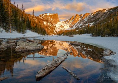 Wide Angle Photo of Hallett Peak & Partially Frozen Dream Lake RMNP