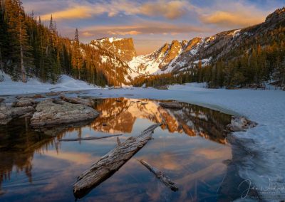 Wide Angle Photo of Partially Frozen Dream Lake Reflecting Hallett Peak RMNP