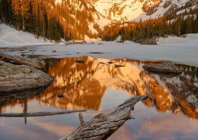 Vertical Photo of Hallett Peak & Dream Lake Drift Wood Reflections