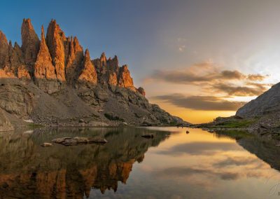 Panoramic Photo of Cathedral Spires Reflecting Upon Sky Pond at Sunrise - RMNP Colorado