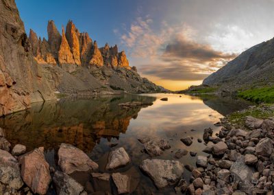 Colorado RMNP Sharkstooth - Cathedral Spires Mirror Reflection Upon Sky Pond