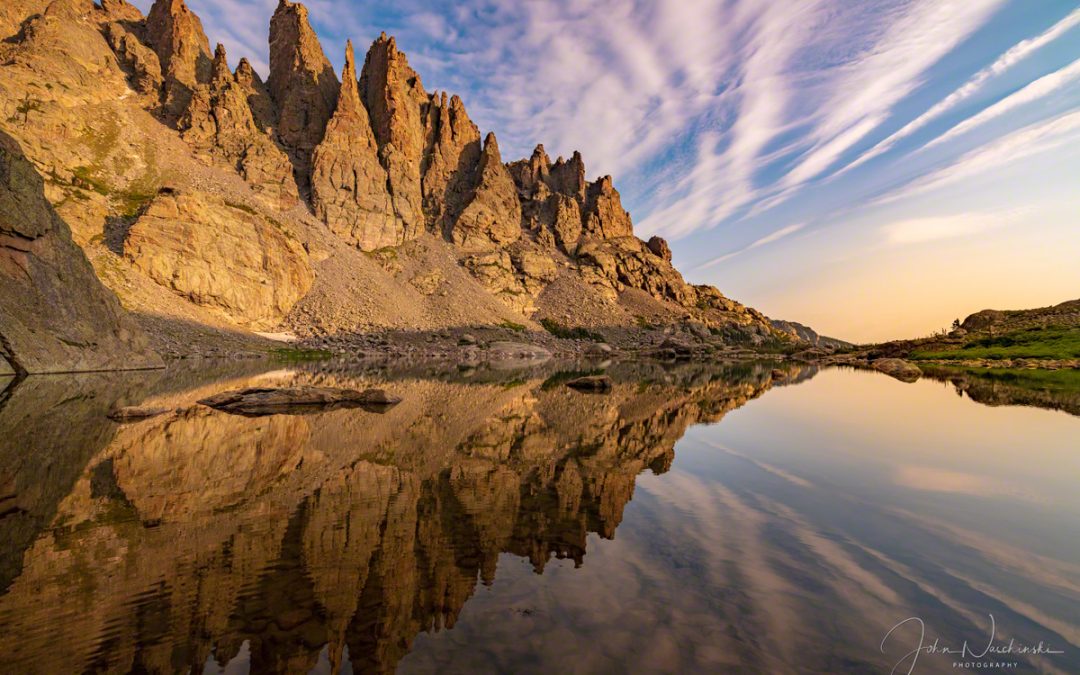 Colorado Photos of Cathedral Spires Reflecting Upon Sky Pond at Sunrise RMNP