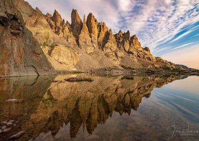 Mirror Reflection of Cathedral Spires and Sky Pond RMNP Colorado