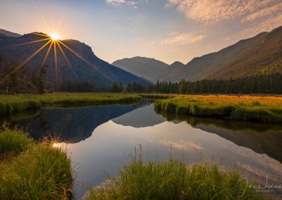 Sun Star over East Inlet Meadow and Mt Baldy Reflections Rocky Mountain National Park Colorado