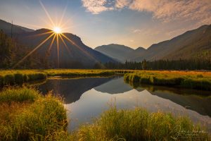 Sun Star Burts over East Inlet Meadow and Mt Baldy Reflections Rocky Mountain National Park Colorado