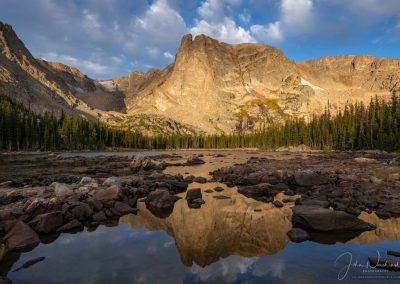 Dappled Light Photo of Notchtop Mountain Reflecting Upon Two Rivers Lake Rocky Mountain National Park