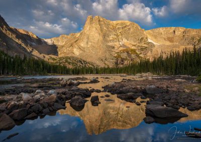 Close Up of Notchtop Mountain Reflecting Upon Two Rivers Lake Rocky Mountain National Park