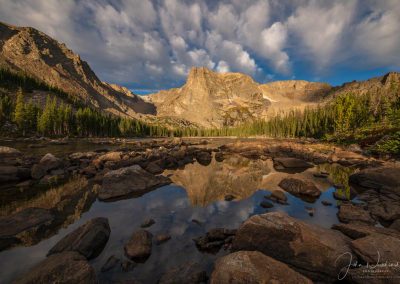 White Puffy Clouds Over Notchtop Mountain and Two Rivers Lake Rocky Mountain National Park