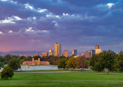 The Front Range Mountains Glow Pink in this Photo of the Denver Skyline at City Park
