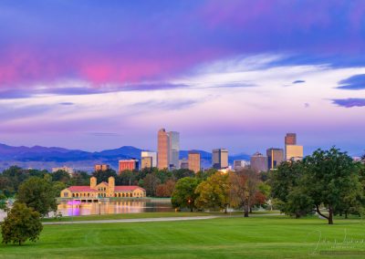 Photo of Vibrant Pink Purple Sunrise over Denver at City Park