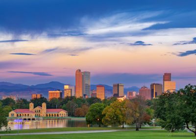 Photograph of Dramatic First Light of Sunrise over Denver Colorado at City Park