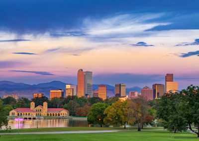 Shimmering Light Reflecting on City of Denver Buildings in Skyline