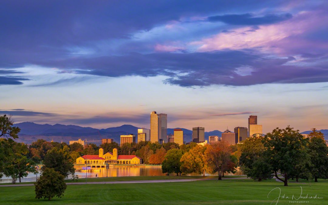 Photos of Denver Skyline and City Park at Sunrise