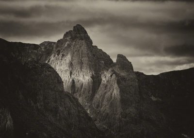 B&W Photo of Dramatic Light on Hayden Spire Rocky Mountain National Park