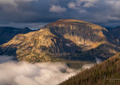 Dappled Light on Terra Tomah with Clouds and Fog in Valley Below