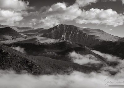 B&W Photo of Mount Chapin in Mummy Range with Fog & Mist below in Rocky Mountain National Park Colorado