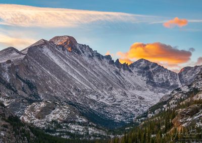 First Light on Snow Capped Longs Peak Glacier Gorge Rocky Mountain National Park Colorado