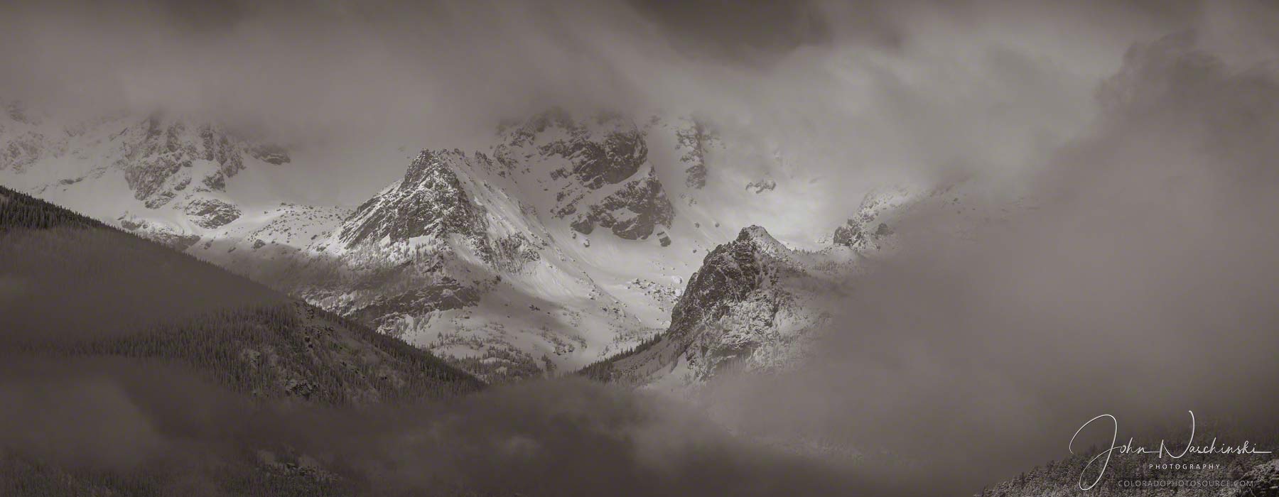 B&W Photo of Dramatic Clouds Over Continental Divide Seen from Moraine Park Valley