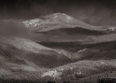 B&W Photo of Dramatic Light and Clouds over Continental Divide from Moraine Park