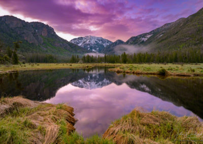 Purple Pink Sunrise over Snow Capped Mt Baldy and East Inlet RMNP