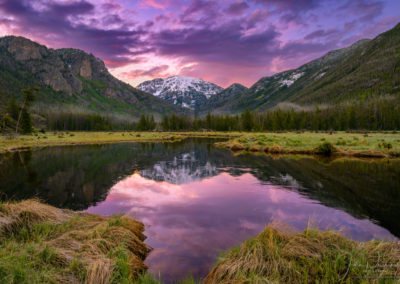 Purple Sunrise over Snow Capped Mt Baldy Reflecting upon still waters of the East Inlet with Fog in the Meadow RMNP