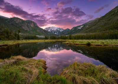Sunrise over Snow Capped Mt Baldy Reflecting upon still waters of the East Inlet RMNP Colorado