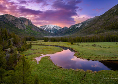 Magenta Pink and Orange Sunrise over East Inlet Meadow and Snow Capped Mt Baldy RMNP Colorado